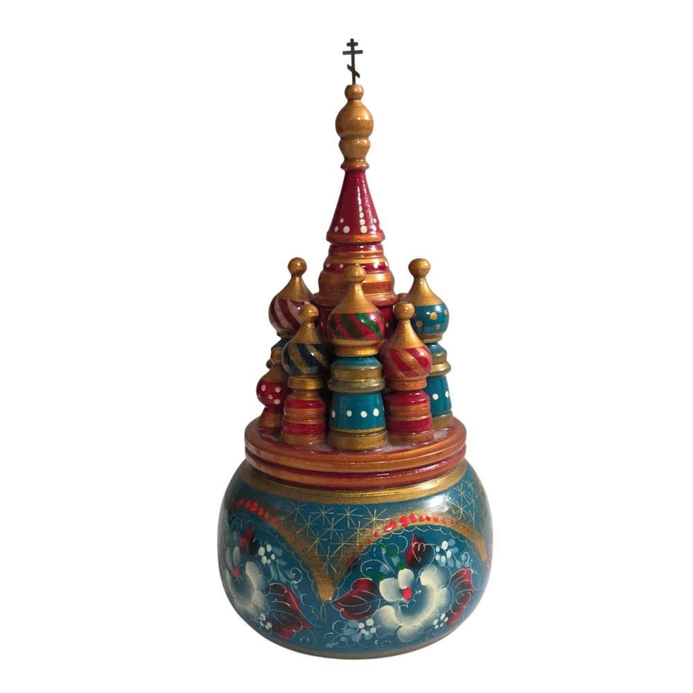 Russian St. Basils Cathedral Wooden Music Box Hand Painted Onion Dome Folk Art